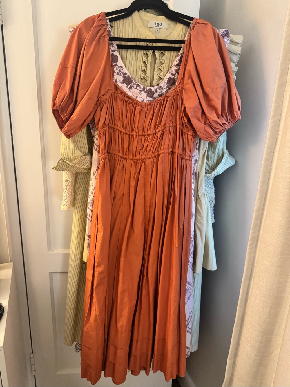 Ulla Johnson Rust Orange Midi Dress with Puff Sleeves - Picture 3 of 3
